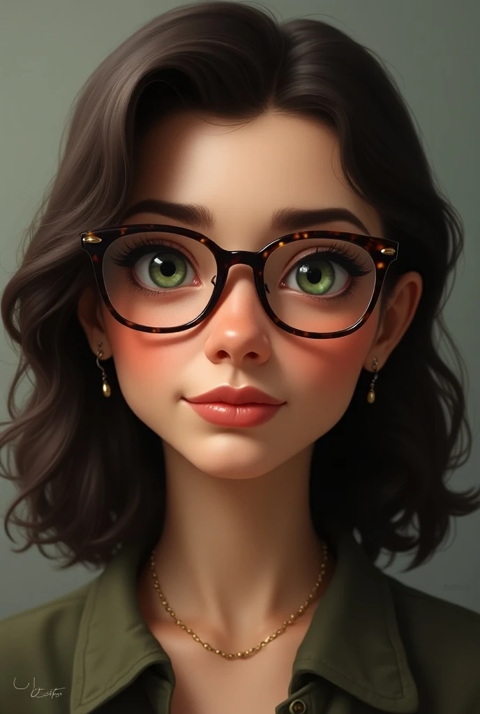 Sofía is a woman of medium height ,  with dark brown hair that falls in soft waves on her shoulders .  their eyes are bright green ,  with an almond shape that seems to reflect her intellectuality and curiosity .  Her nose is straight and thin ,  and her l...