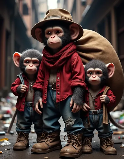 Image of a monkey in a hat and scarf, Trends in the art station, Next to him are his three cubs ; dressed in punk clothes, Ultra-realistic detail rendering, british gang member, urban style, intimidating pose, Planet of the Apes, trendy clothes, urban samu...