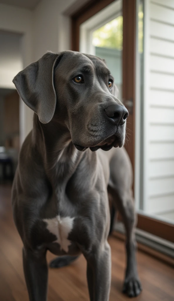 A sad scene where a realistic male Great Dane dog measuring 111.8 cm, completely gray and without any white spots on his fur, looking at people leaving the house for a walk and leaving him at home