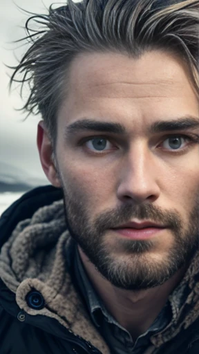 a detailed portrait of an Icelandic man, beautiful detailed eyes, beautiful detailed lips, extremely detailed eyes and face, long eyelashes, chiseled facial features, striking features, rugged and weathered skin, wind-swept hair, adventurous expression, dr...