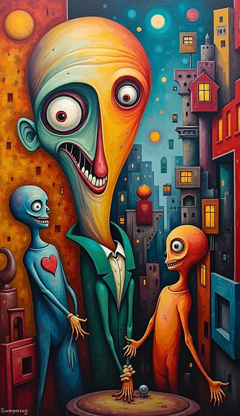 Abstract cubism painting of grotesque Picasso colourful period and Tim Burton. Experimental. Fine art, amazing. Amazing, masterpiece.