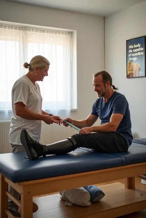 The room de fisioterapia era um refúgio de calma e esperança.  The morning sunlight filtered through the white curtains , iluminando a mesa de tratamento where Peter, A 40 year old man,  performed his exercises . His right leg ,  immobilized on a splint , ...