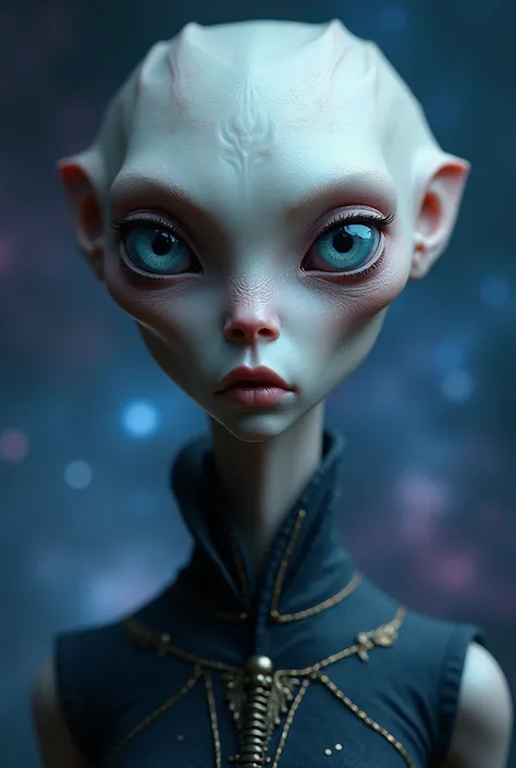 " A portrait of an alien with a humanoid appearance , featuring large expressive blue eyes ,  a smooth and pale face with subtle textures and an elongated and slightly wrinkled forehead .  The alien has a small, straight nose and thin lips ,  conveying a c...