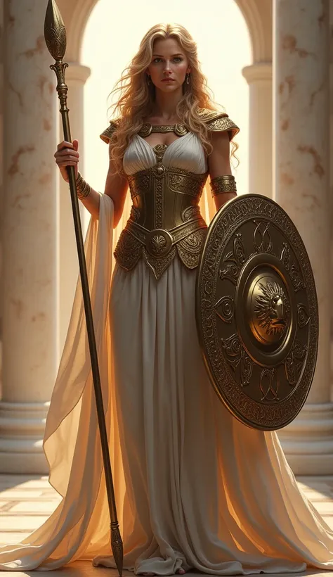 **"Goddess of Wisdom, Athena"**
"In the grand halls of Mount Olympus, the stunning Goddess Athena stands in all her glory. Her piercing gray eyes exude intelligence and strength, framed by cascading waves of golden hair. She wears intricately crafted armor...