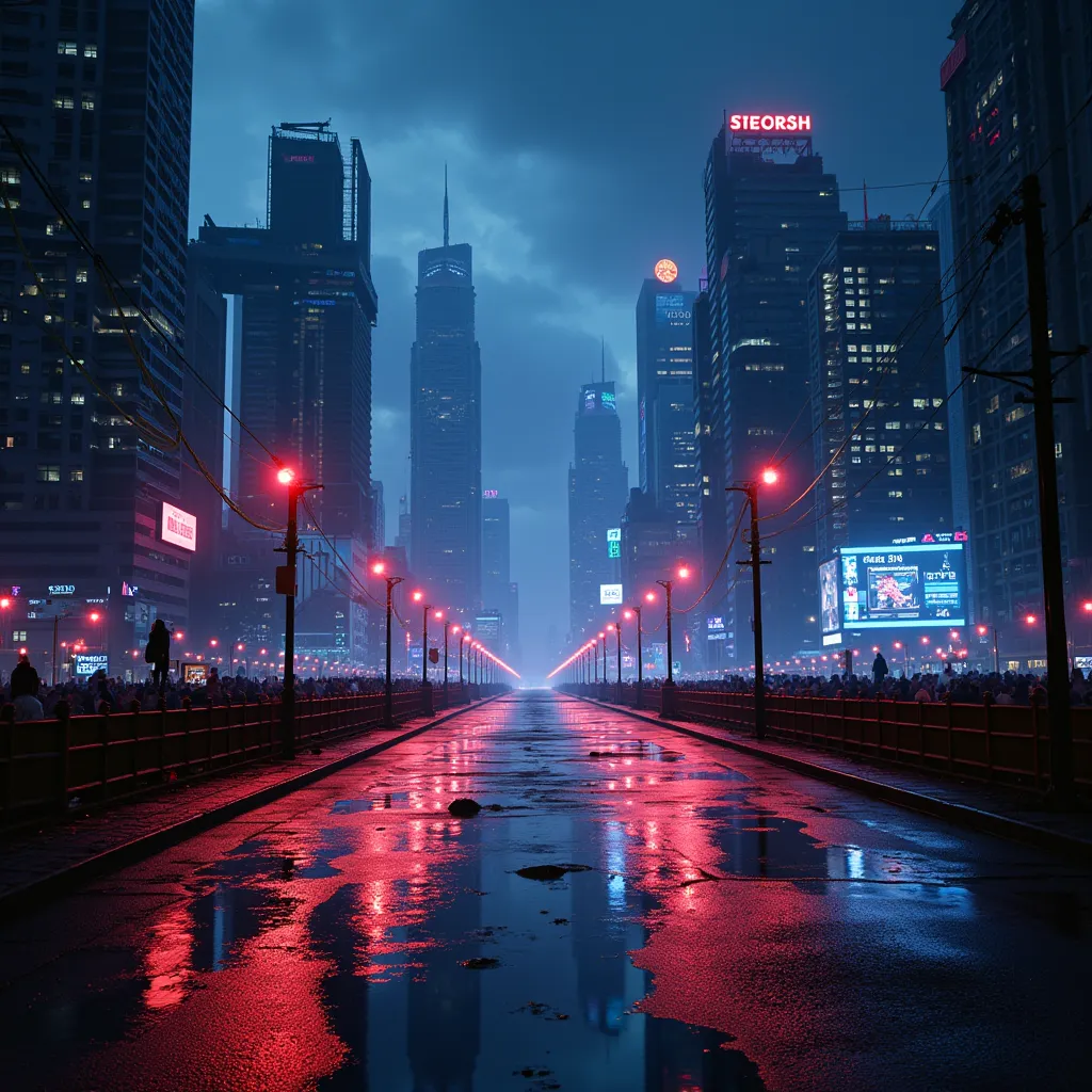 a night city scene with neon-lit skyscrapers reflecting in puddles on the road, 1 city, neon lights, skyscrapers, reflections, wet road, puddles, urban landscape, dramatic lighting, sci-fi, cyberpunk, (best quality,4k,8k,highres,masterpiece:1.2),ultra-detailed,(realistic,photorealistic,photo-realistic:1.37),cinematic,dramatic colors,moody atmosphere