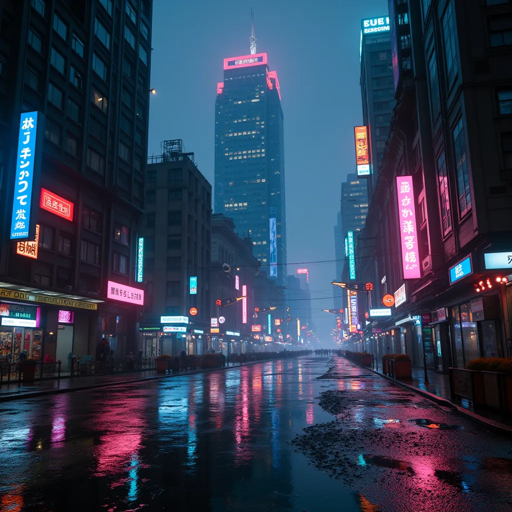 a night city scene with neon-lit skyscrapers reflecting in puddles on the road, 1 city, neon lights, skyscrapers, reflections, wet road, puddles, urban landscape, dramatic lighting, sci-fi, cyberpunk, (best quality,4k,8k,highres,masterpiece:1.2),ultra-detailed,(realistic,photorealistic,photo-realistic:1.37),cinematic,dramatic colors,moody atmosphere