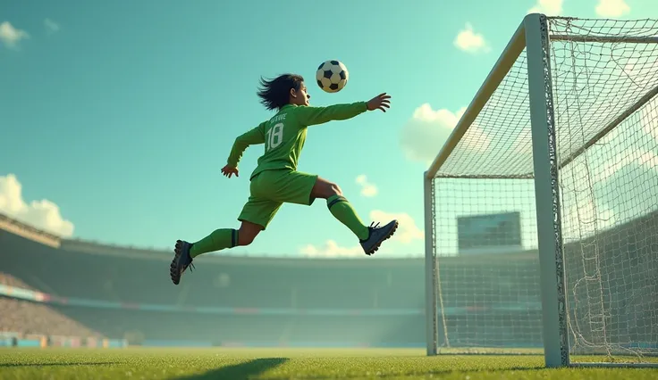 a short goalkeeper 1.60m jumping abruptly from a small ladder to catch the ball that flies quickly to the top corner of the goal, the goalkeeper wears a completely light green uniform, dark skin, hair down to the shoulder, front view of the goalkeeper, fro...