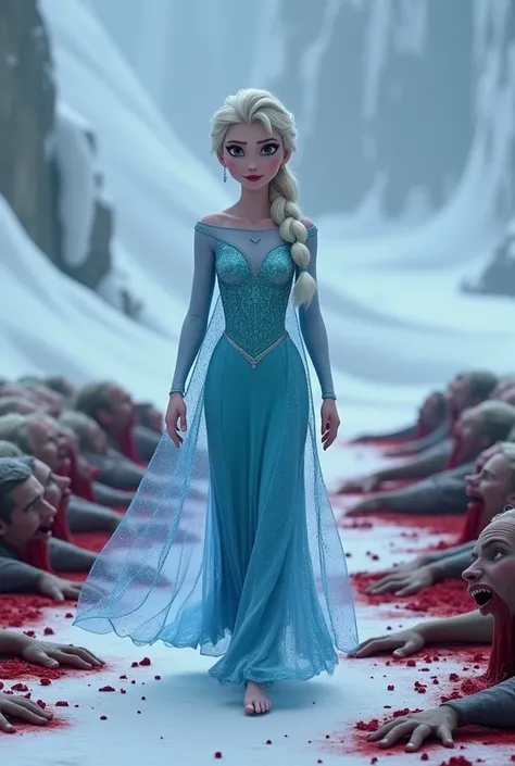 4K, Hight quality, very beautiful Elsa, Disney Elsa frozen, walking past piles of blood-covered male s, Sharp ice pierced Male throat