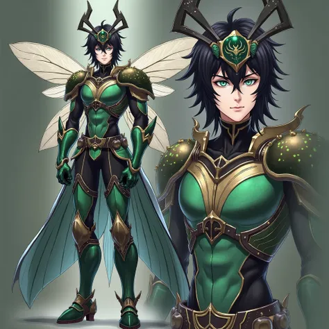  Full size image ,  bath,  from head to toe,  in profile and in front of , Young boy, 25 years old,  male anime character , strong, villain and banished ,  wearing armor inspired by the style of the knights of the zodiac  (Saint Seiya),  armor based on his...