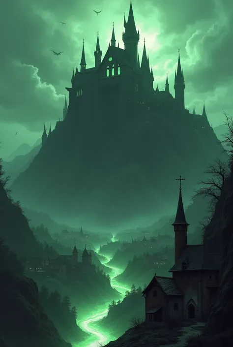  Make a dark castle on a mountain where you cant see its end and a spooky pale green river in its village