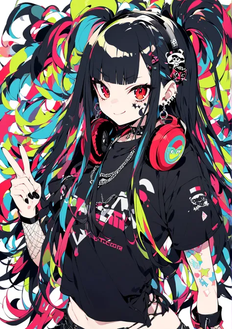 Peace sign、1 person、Alone、Adult female、Also々Shii、blunt bangs、 semi-long hair at the end、 black haired、 perfect body、 、 black hairedの女性キャラクター1 person, headphones、Gothic punk、Earrings、Hair accessories、 Only 6 colors used, No Shadow, White background.  Make t...