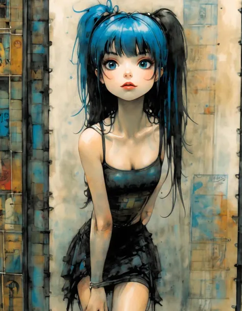 very sexy girl, long blue hair, ponytail, very tight black tank top, folded miniskirt, stockings, closing the gate of a store, closed,  sketch style, art inspired by Bill Sienkiewicz and Dave McKean, (best quality,4k,8k,highres,masterpiece:1.2),ultra-detai...