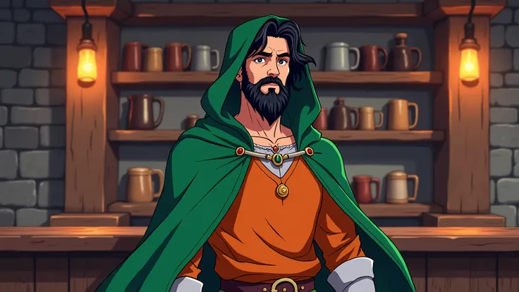 young man (black medium wavy hair, full beard, orange medieval shirt, green cape and hood), scenario (an empty bar of a medieval tavern), style (80s anime, colorful) 