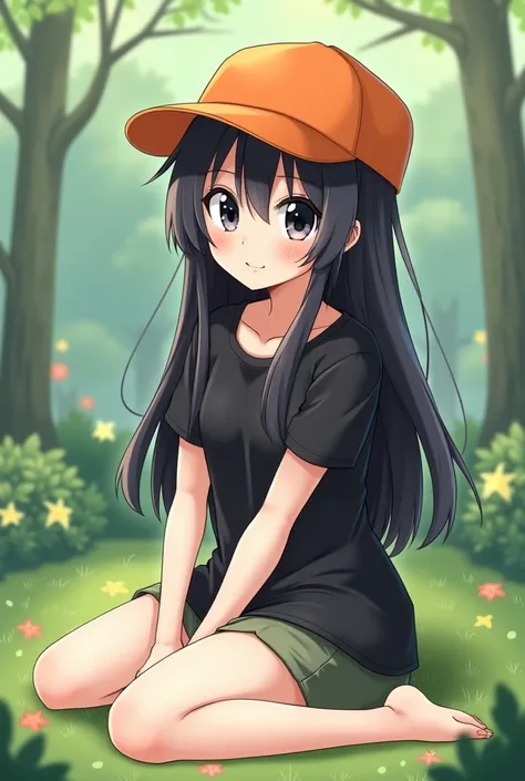 Female anime character long straight black hair a little disheveled wearing an orange hat black eyes with lenses black shirt this cheerful background in a sitting forest