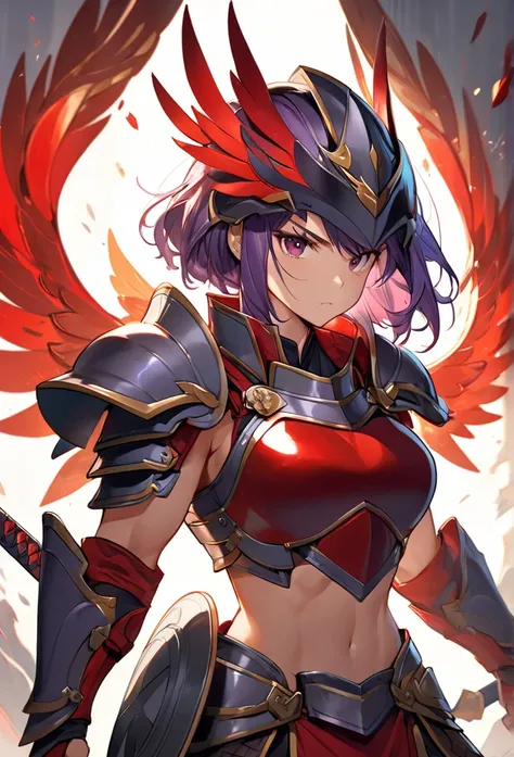 Upper body close-up（((masterpiece), on)"An anime-style character illustration of a muscular female warrior with purple hair, dressed in an armored outfit. She wears a red and gold breastplate, shoulder guards, and matching red boots. Her helmet is red with...