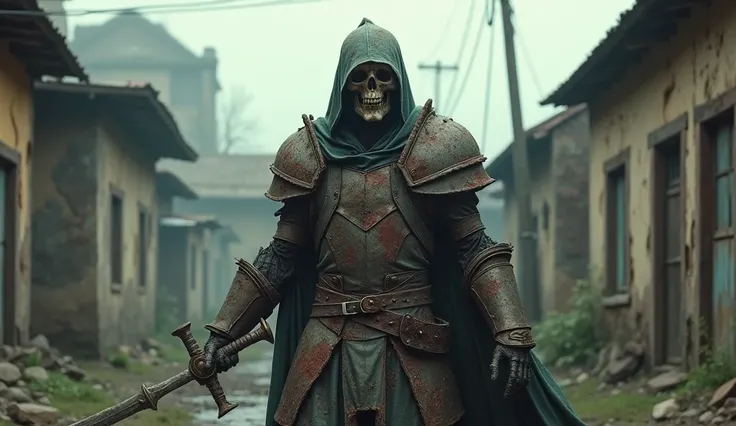  The long-dead swordsman ， Once a nations striker ， is now summoned from the grave by the undead mage ， rusted armor and weapons ， The skull has decayed chunks of meat on its body，The sword is being pulled out ， is surrounded by rundown houses （Looking up，...