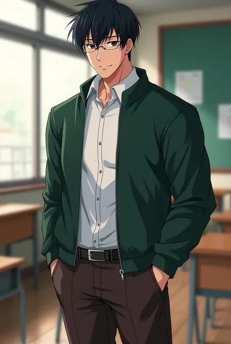 Seventeen-year-old anime boy with black hair, black eyes, marked and muscular physique in a high school uniform, a dark green jacket, a white shirt under dark brown pants, some glasses I can in an anime-style classroom Rosario vampire. 