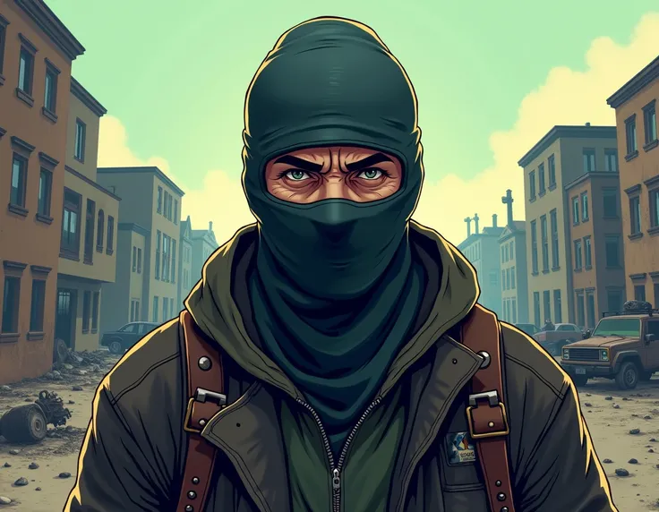 Create a Balaclava character on the face in a post-apocalyptic world, Theme Dayz , modo cartoon