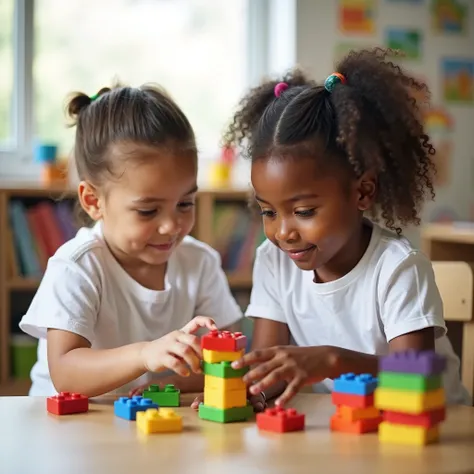 Lifestyle photo capturing a natural, authentic interaction between a pair of ren from different ethnic backgrounds, specifically a Black girl and a White boy, playing together with colorful building blocks in an inviting, light-filled kindergarten classroo...