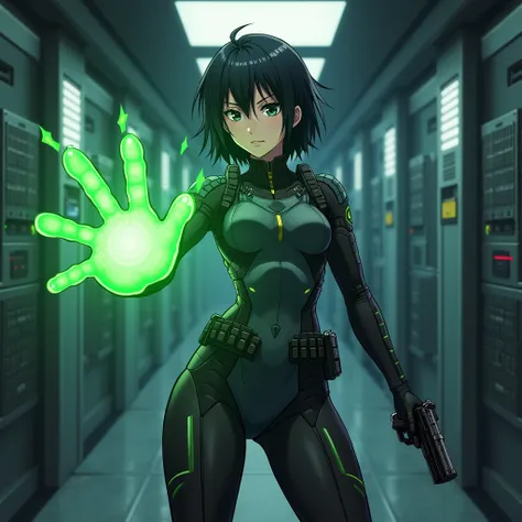  anime style . A space soldier holding a pistol in one hand ,   in the other hand extended forward emanates an emerald green energy. In a corridor of a ship .