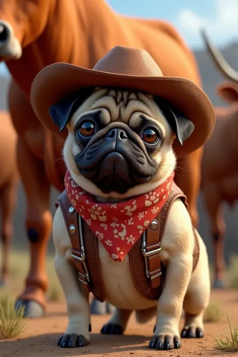 Cowboy pug on a red Brahman