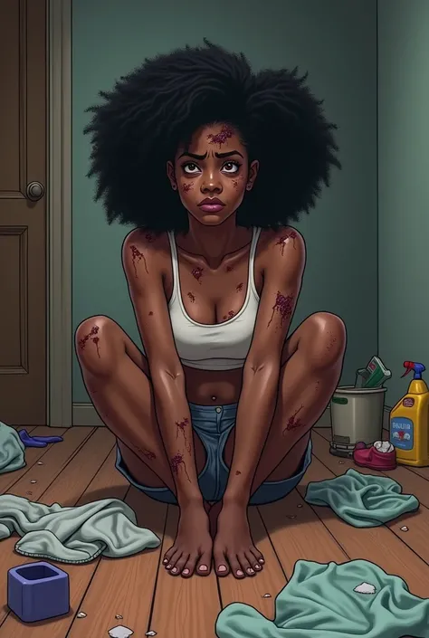 Black woman full of bruises sad realistic cartoon with cleaning clothes on the floor 