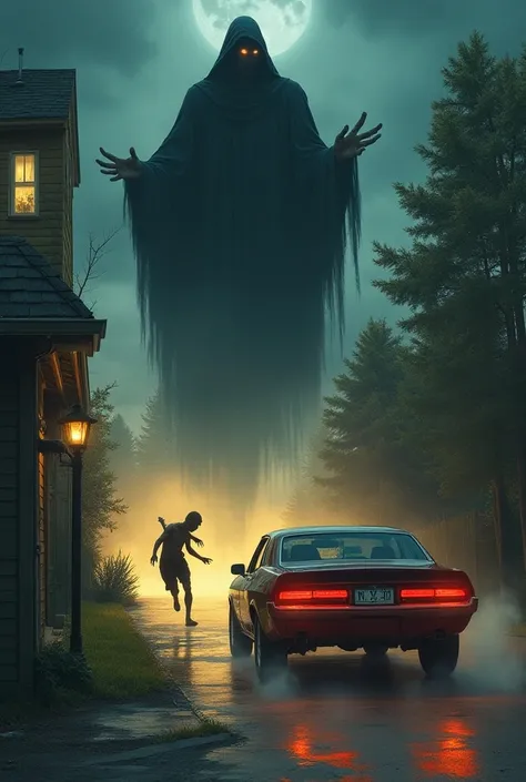 A person is leaving his house with his ren in the picture and there is a car trying to hit him 
 And a dog barks and the king of death looks from the sky big at him