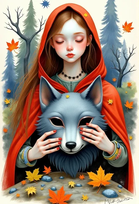   young woman ,   closed eyes  , Autumn is all around,     holds a 3D gray wolf mask, autumn leaves вокруг ,   jewelry, Autumn forest,  autumn leaves,   long hair, Compose ,   brown hair ,Painting (medium),   red hooded cloak ,  signature  ,simple backgrou...