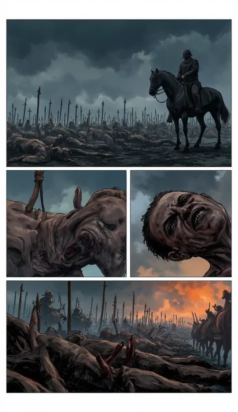 "Storyboard, Comic Book Panel Layout with White Border, Multi View, Immersive, Go Pro, Action Pose, Panels""A medieval battlefield with numerous impaled bodies, under a stormy sky. Dark and realistic style, with graphic details but without being excessivel...