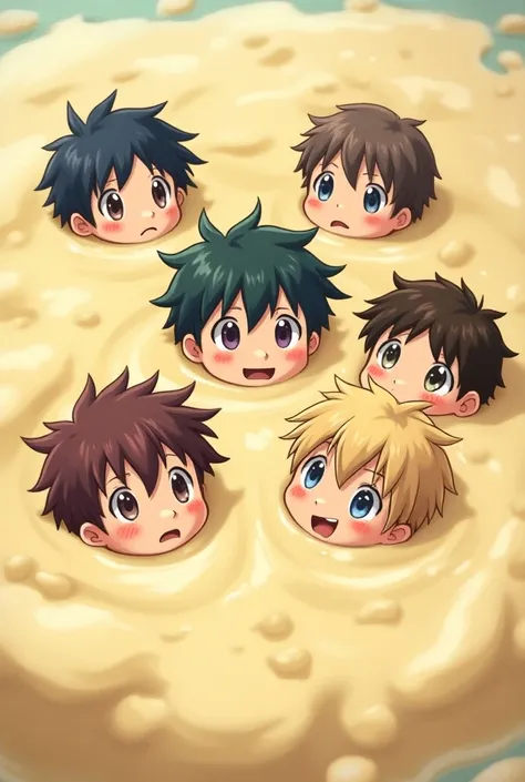 Boys stuck inside a giant pool full of sticky dough with only their heads sticking out of the sticky dough anime version