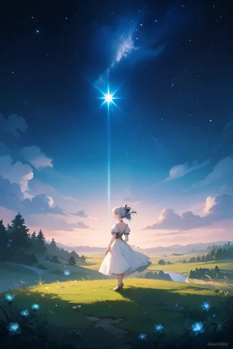 Illustrate a serene night scene on a grassy hill under a vast, starry sky. Elphina, a 17-year-old girl with shoulder-length silver hair, stands alone, gazing up at the sky with vivid emerald eyes filled with sadness and longing. She wears a simple white on...