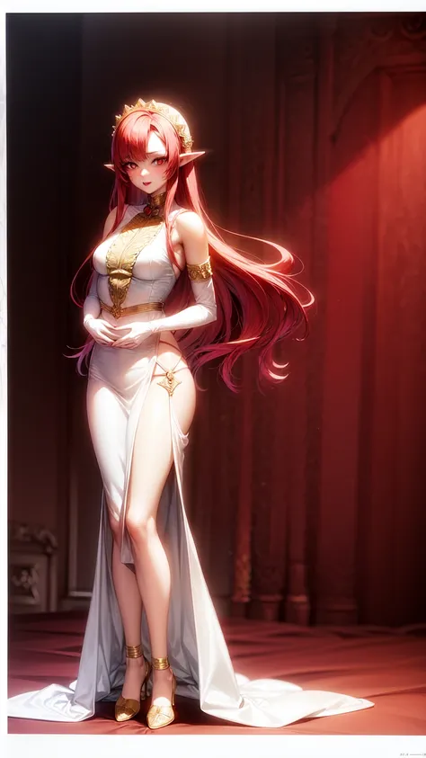 Chica anime,red eyes, red hair ,Elf ears,eleven, white dress ,long skirt,Milf,adult woman, long hair , wavy hair ,beautiful,Seductive face, seductive face ,Dressed like an angel, with gold detail on the waist , with transparent lace sleeves,with gold arran...