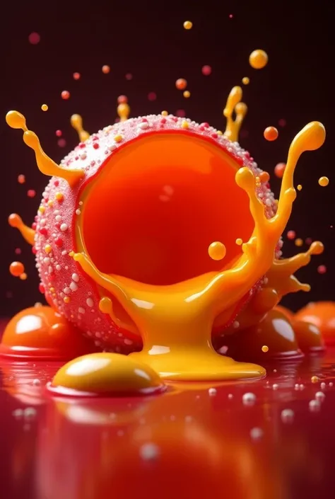 Create an image of colorful candy pieces that appear to be bursting open, revealing a gooey, vibrant filling flowing out. The candies have a glossy exterior, with different colors like red, orange, and yellow. As they break open, the thick liquid filling o...