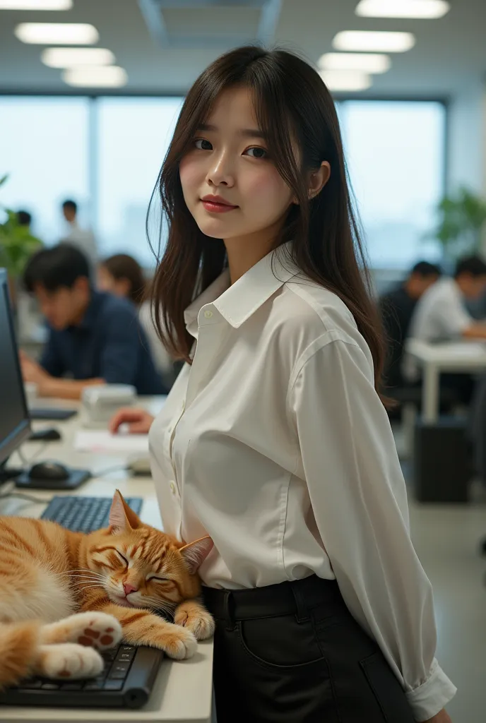 ultra-realistic, photorealistic, dramatic scene, shadow, global-illumination, solo, (teenage Japanese famous idol girl:1.5), very beautiful fragile Japanese girl, very beautiful with very cute but boyish cool face, (very large breasts), slim waist, moles, detailed face skin texture, professional lighting, (wearing a office worker's outfit of white shirt and jacket, with simple accessories:1.2), (very large breasts), at the large office with many desks and workers, decorative plant, A giant fat cat is sleeping on the laptop computer on her desk, she looks so confused, she is not able to understand whose cat he is, She shows her viewers a cute face with a bitter smile, shoot from behind, looking back