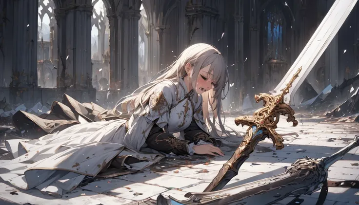  best quality,Girl crying, fantasy,sword,Aftermath