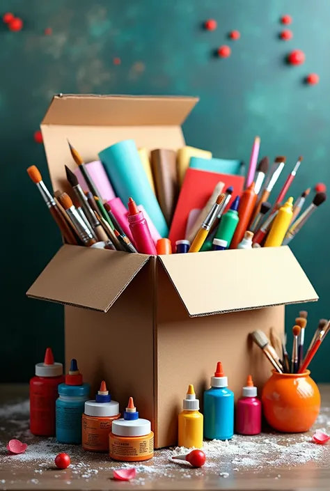  Art and Craft Kit , a tall, large box containing paint cans, brushes,  colored paper and cardboard,  glue , foami , brilliantine