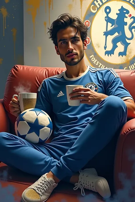 Weird Watercolor Splash digital art, wet alcohol ink in blue black red wet with golden metallic effect, a handsome young man wearing a Chelsea FC Jersey, chelsea FC trousers, holding a ball, sitting relaxed on the sofa, enjoying a cup of coffee steam risin...