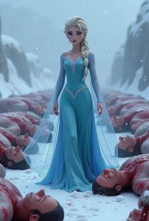 4K, Hight quality, very beautiful Elsa, Disney Elsa frozen, walking past piles of blood-covered male s, Sharp ice pierced Male throat