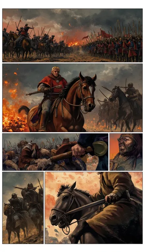 "Storyboard,  comic book panel layout with white border , Multi View,  Immersive , Go Pro , action pose, Panels""" A battle between the troops of Vlad the Impaler and the Ottoman army. Dynamic and epic style ,  with a focus on action and movement .  The we...