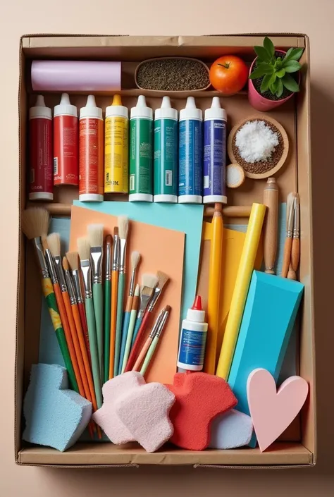  Art and Craft Kit ,  a box containing some (not many )  cans of paints , brushes,  colored paper and cardboard,  glue , foami , brilliantine