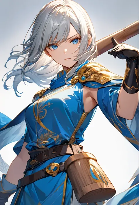 Upper body close-up（((masterpiece), on)A fantasy anime-style female warrior character standing confidently. She wears a white and blue outfit with a short tunic, a blue cape flowing behind her, and golden accessories including gloves, boots, and a belt. He...