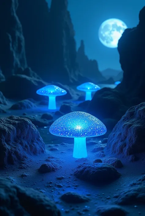  there are some blue lavas on the surface of a desert, bright crystals on the ground,  glowing blue mushrooms in the swamp ,  glowing spores flying ,  distant nebula glowing algae ,  luminescent flashes , Bioluminescent orbs ,  glowing water with caustics ...