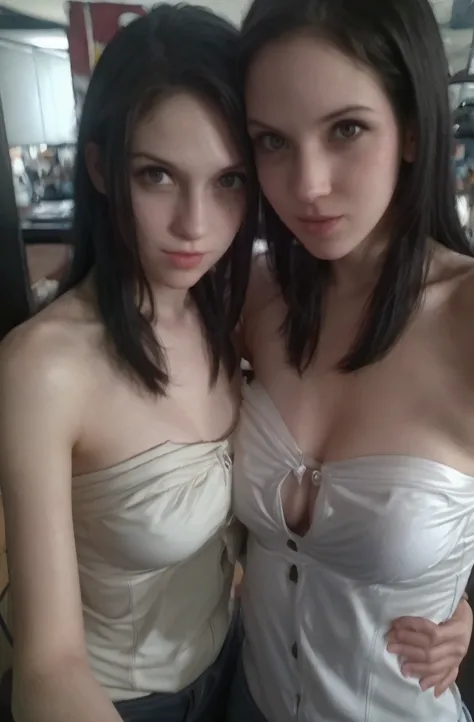 2girls, pale skin, parted lips, detailed long hair,  , strapless, bare shoulders,
vintage, faded film, film grain, polaroid, cut...