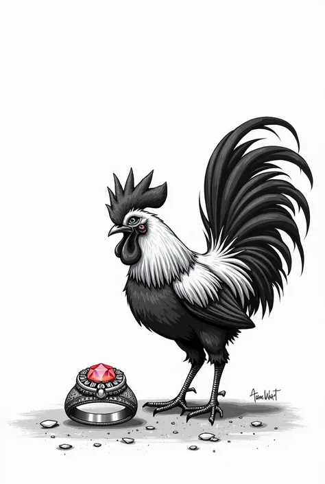  create a drawing showing a rooster that finds a jewel (ring) with no background and without coloring 