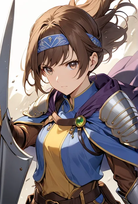 Upper body close-up（((masterpiece), on)A young, heroic anime-style female warrior stands confidently, holding a sword in her right hand and carrying a large silver shield on her back. She has spiky brown hair, a headband with a gemstone in the center, and ...