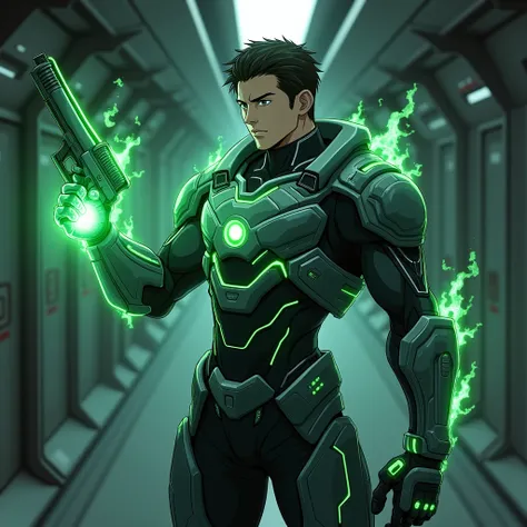  anime style . A male Mass Effect space soldier,  holding a pistol in one hand,   in the other hand extended forward emanates an emerald green energy. In a corridor of a ship .