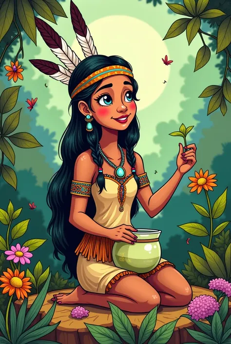 Cartoon of an indigenous woman with a headdress, taking herbal medicine