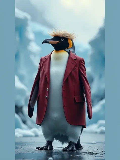 A hybrid creature, combining the penguin and Donald Trump, stands confidently on a vast sheet of ice. The creatures head has the distinctive shape and sleek black and white feathers of a penguin, but with the unmistakable features of Donald Trump incorpora...