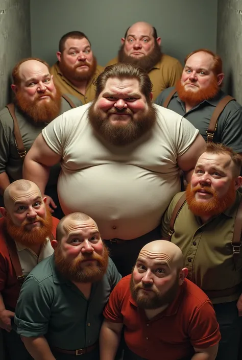 Fat men are surrounded by fat male dwarfs。Realistic image 。Looking at the camera is an angle from above