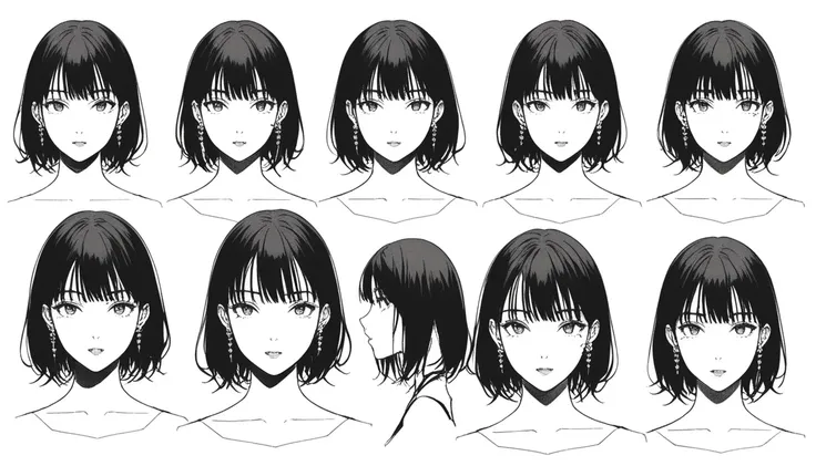 Character model sheet focused on the bust of a whimsical manga-style girl with a small, square-shaped face with a rounded jawline. She has short, black hair with a casual fringe that falls over her forehead, expressive eyes with a defined eyeliner, and thi...